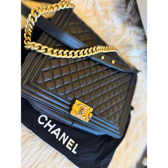 Authentic Large Chanel Boy Bag - Black with Gold Hardware - Picture 1 of 12